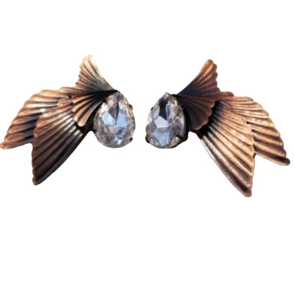 Jewelry - Vintage One Of A Kind Handmade Clip-On Earrings Bronze with Clear Gemstones